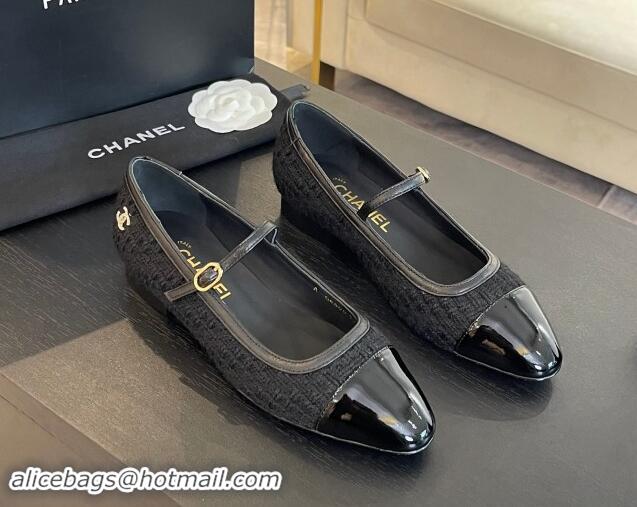 Good Product Chanel Tweed & Patent Calfskin Mary Janes Ballet Flats G46001 Black 1121135