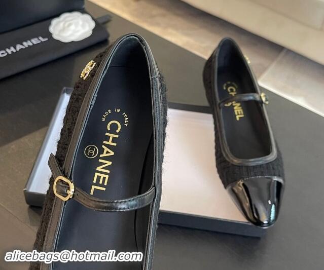 Good Product Chanel Tweed & Patent Calfskin Mary Janes Ballet Flats G46001 Black 1121135