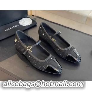 Original Cheap Chanel Tweed & Patent Calfskin Mary Janes Ballet Flats G46001 Black/Sequins 121136