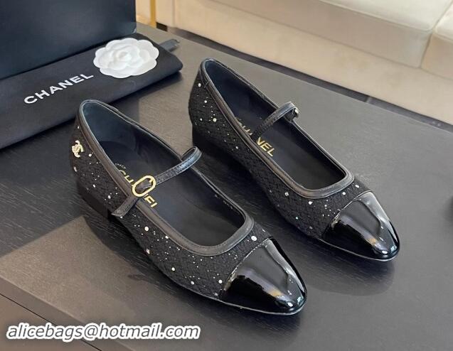 Original Cheap Chanel Tweed & Patent Calfskin Mary Janes Ballet Flats G46001 Black/Sequins 121136