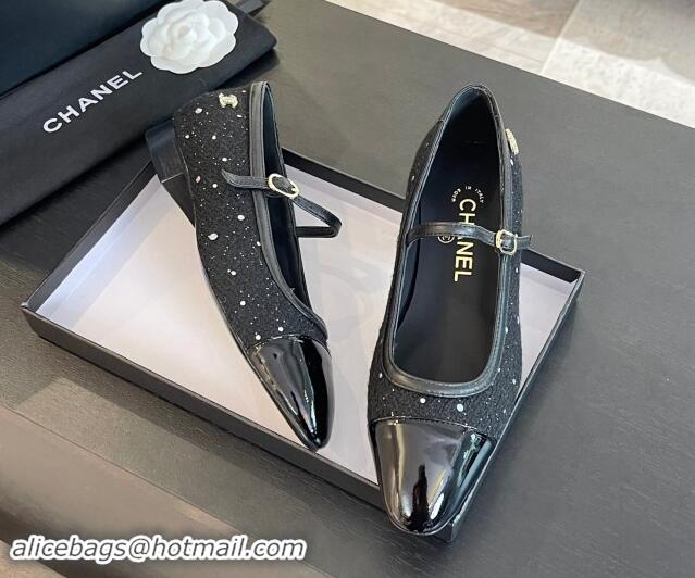 Original Cheap Chanel Tweed & Patent Calfskin Mary Janes Ballet Flats G46001 Black/Sequins 121136