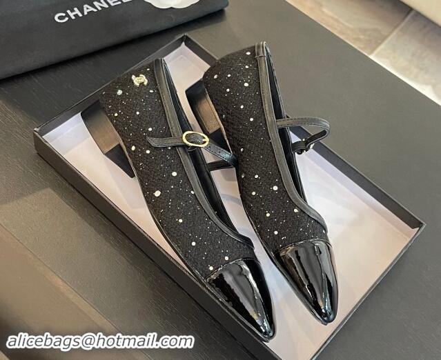 Original Cheap Chanel Tweed & Patent Calfskin Mary Janes Ballet Flats G46001 Black/Sequins 121136