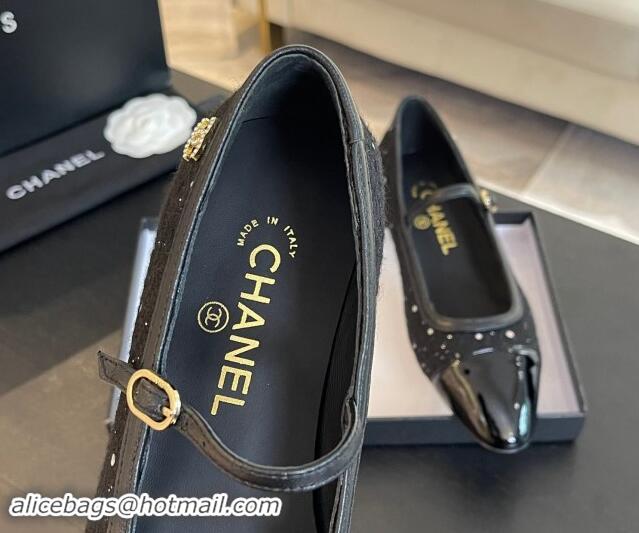 Original Cheap Chanel Tweed & Patent Calfskin Mary Janes Ballet Flats G46001 Black/Sequins 121136