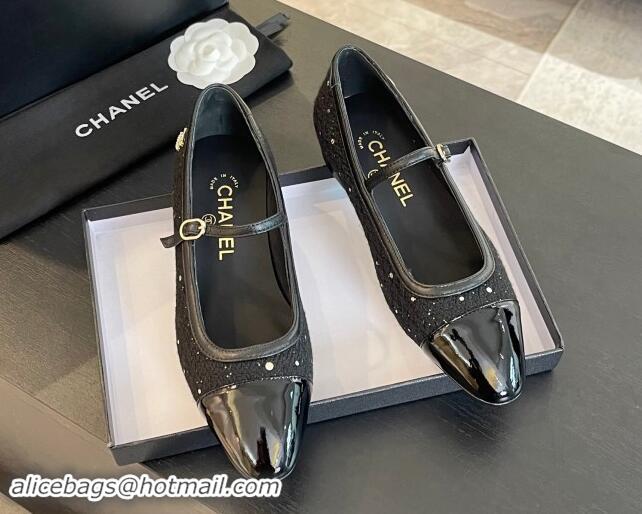 Original Cheap Chanel Tweed & Patent Calfskin Mary Janes Ballet Flats G46001 Black/Sequins 121136