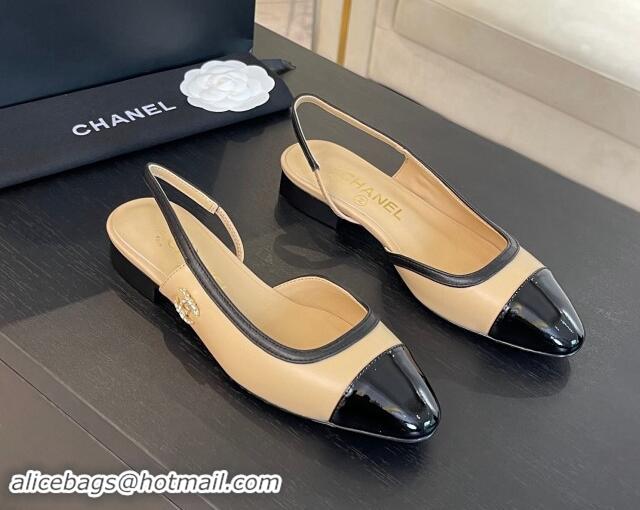 Stylish Chanel Lambskin & Patent Calfskin Slingback Flats G46000 Beige 121137