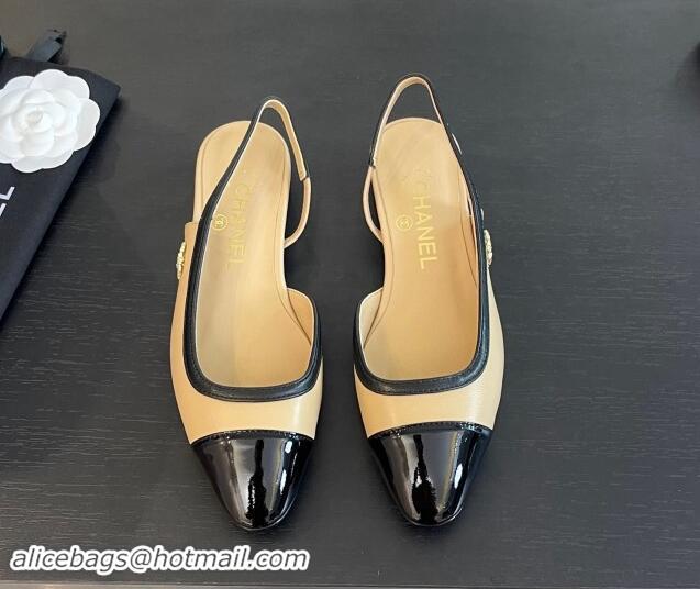 Stylish Chanel Lambskin & Patent Calfskin Slingback Flats G46000 Beige 121137