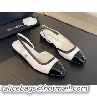 Unique Style Chanel Lambskin & Patent Calfskin Slingback Flats G46000 White 121138