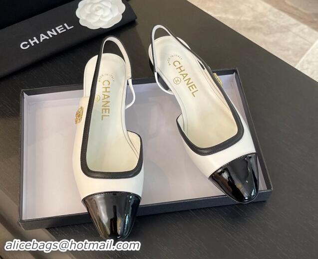 Unique Style Chanel Lambskin & Patent Calfskin Slingback Flats G46000 White 121138