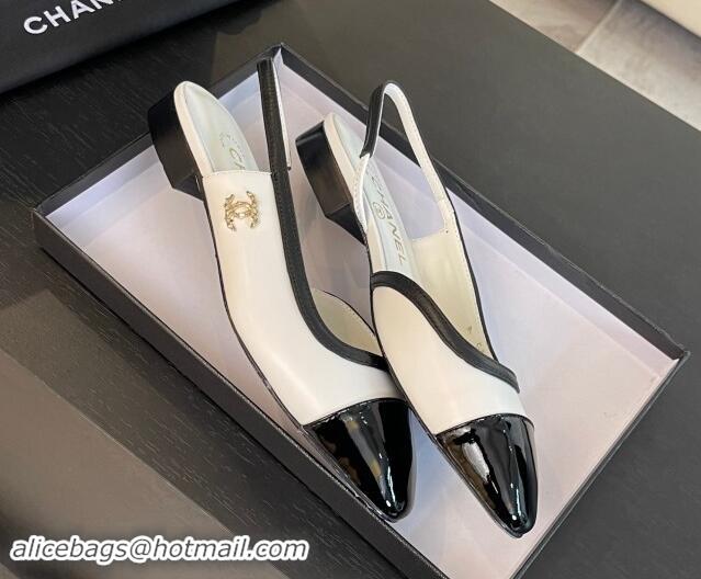 Unique Style Chanel Lambskin & Patent Calfskin Slingback Flats G46000 White 121138