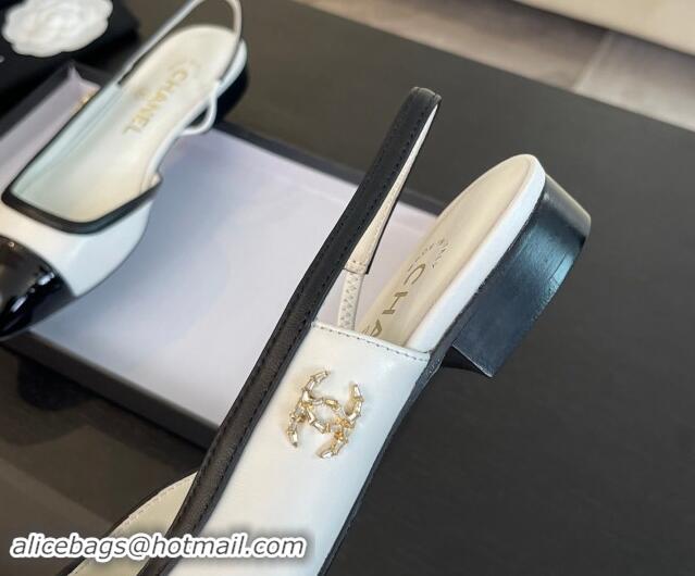 Unique Style Chanel Lambskin & Patent Calfskin Slingback Flats G46000 White 121138