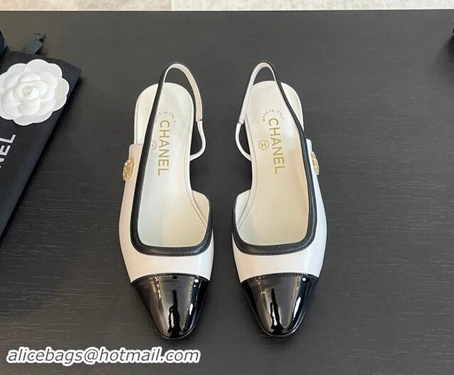 Unique Style Chanel Lambskin & Patent Calfskin Slingback Flats G46000 White 121138