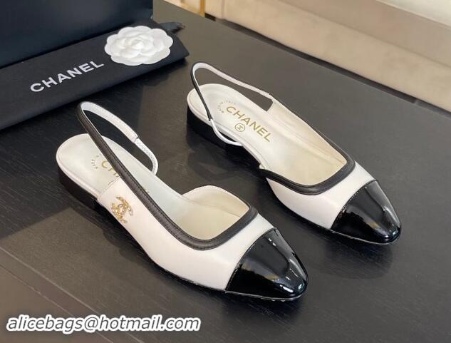 Unique Style Chanel Lambskin & Patent Calfskin Slingback Flats G46000 White 121138