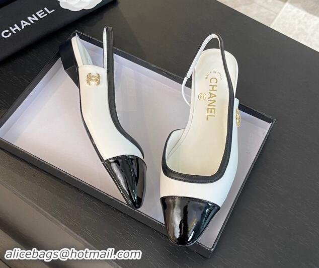 Unique Style Chanel Lambskin & Patent Calfskin Slingback Flats G46000 White 121138