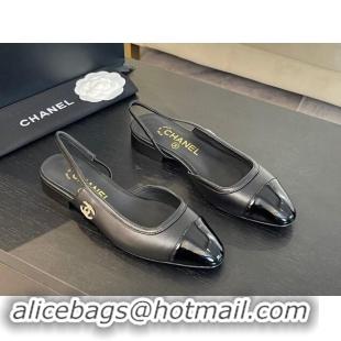 1:1 aaaaa Chanel Lambskin & Patent Calfskin Slingback Flats G46000 Black 1121139