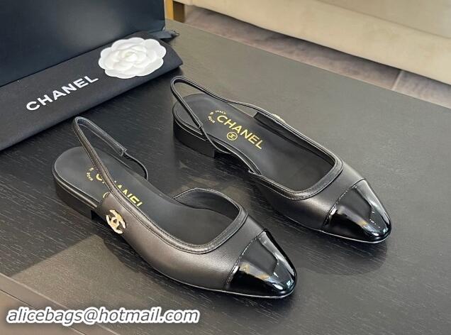 1:1 aaaaa Chanel Lambskin & Patent Calfskin Slingback Flats G46000 Black 1121139