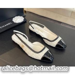 Best Price Chanel Tweed & Patent Calfskin Slingback Flats G46000 White/Black 121140