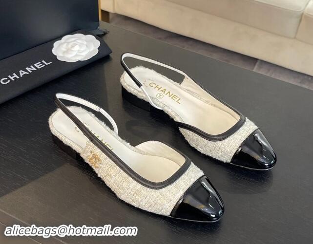 Best Price Chanel Tweed & Patent Calfskin Slingback Flats G46000 White/Black 121140