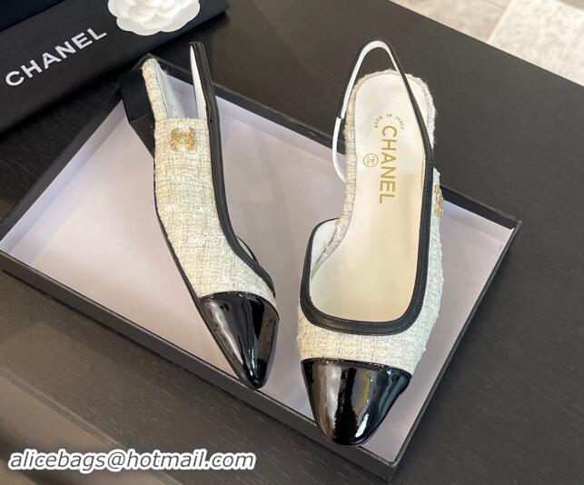 Best Price Chanel Tweed & Patent Calfskin Slingback Flats G46000 White/Black 121140