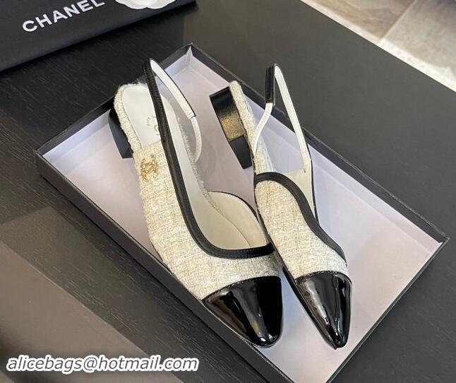 Best Price Chanel Tweed & Patent Calfskin Slingback Flats G46000 White/Black 121140