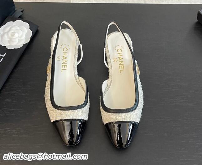 Best Price Chanel Tweed & Patent Calfskin Slingback Flats G46000 White/Black 121140