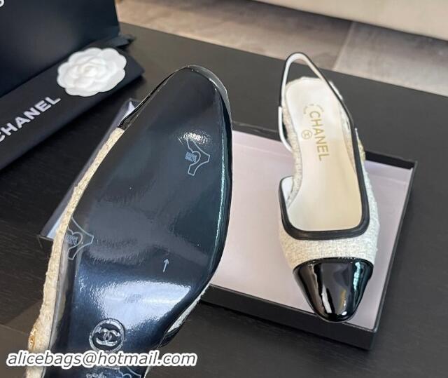 Best Price Chanel Tweed & Patent Calfskin Slingback Flats G46000 White/Black 121140