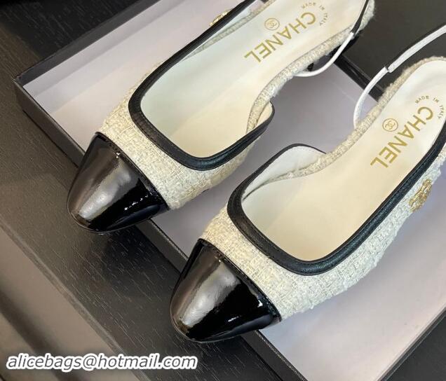 Best Price Chanel Tweed & Patent Calfskin Slingback Flats G46000 White/Black 121140