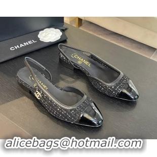 Unique Style Chanel Tweed & Patent Calfskin Slingback Flats G46000 Black/Sequins 1121141