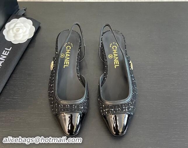 Unique Style Chanel Tweed & Patent Calfskin Slingback Flats G46000 Black/Sequins 1121141