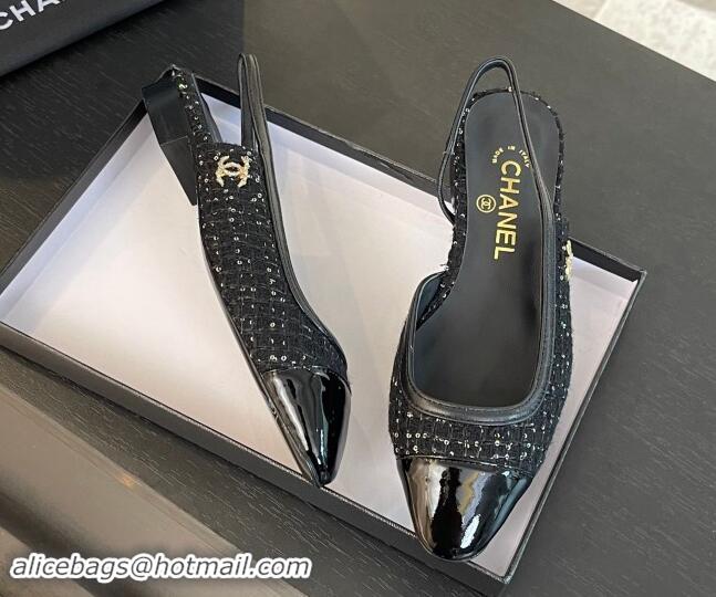 Unique Style Chanel Tweed & Patent Calfskin Slingback Flats G46000 Black/Sequins 1121141