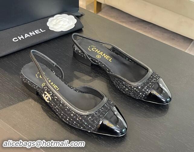 Unique Style Chanel Tweed & Patent Calfskin Slingback Flats G46000 Black/Sequins 1121141