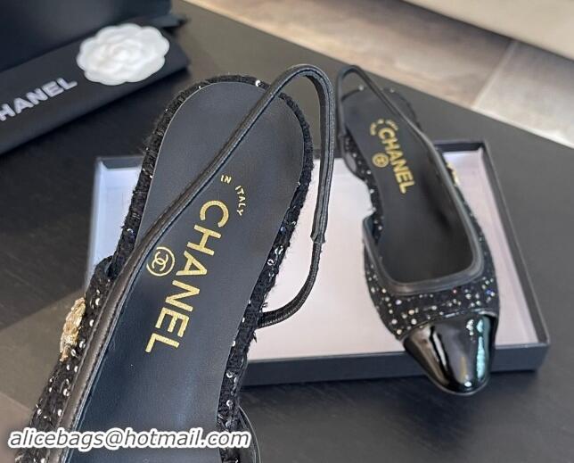 Unique Style Chanel Tweed & Patent Calfskin Slingback Flats G46000 Black/Sequins 1121141