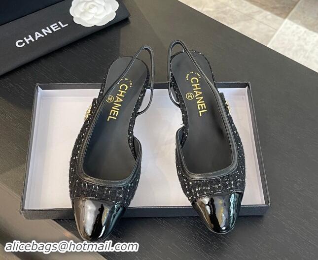 Unique Style Chanel Tweed & Patent Calfskin Slingback Flats G46000 Black/Sequins 1121141