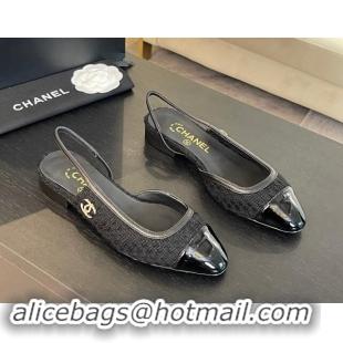 Good Looking Chanel Tweed & Patent Calfskin Slingback Flats G46000 Black Upper 1121142