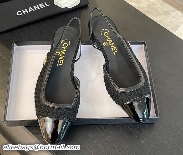 Good Looking Chanel Tweed & Patent Calfskin Slingback Flats G46000 Black Upper 1121142