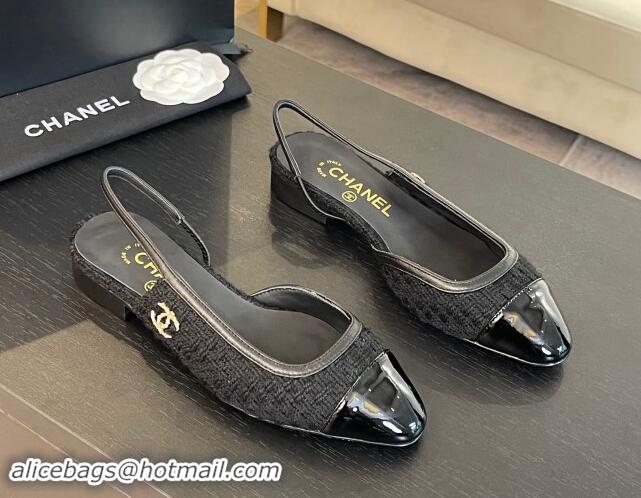 Good Looking Chanel Tweed & Patent Calfskin Slingback Flats G46000 Black Upper 1121142