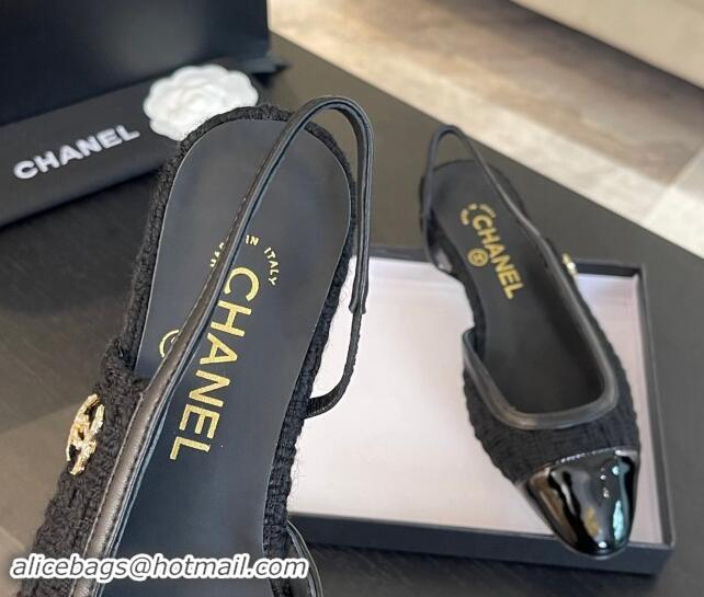 Good Looking Chanel Tweed & Patent Calfskin Slingback Flats G46000 Black Upper 1121142