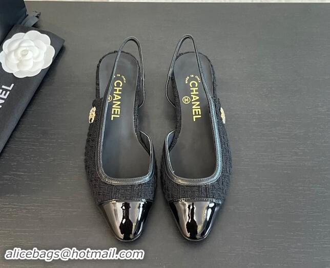 Good Looking Chanel Tweed & Patent Calfskin Slingback Flats G46000 Black Upper 1121142