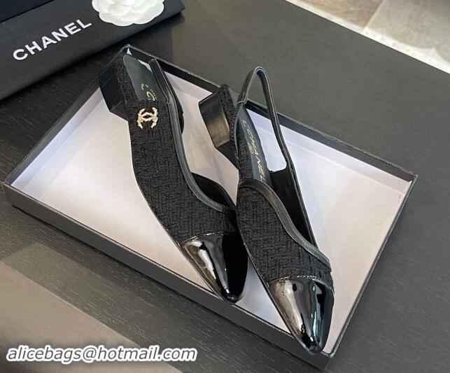 Good Looking Chanel Tweed & Patent Calfskin Slingback Flats G46000 Black Upper 1121142