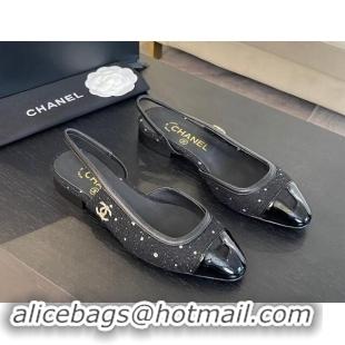 Best Product Chanel Tweed Sequins & Patent Calfskin Slingback Flats G46000 Black 1121143