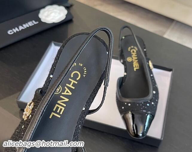 Best Product Chanel Tweed Sequins & Patent Calfskin Slingback Flats G46000 Black 1121143