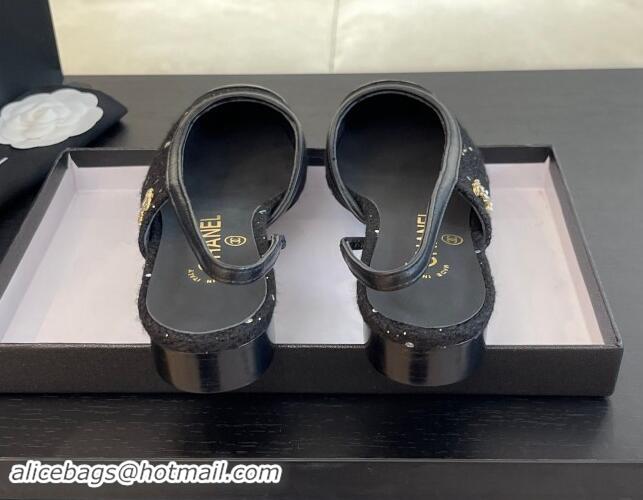 Best Product Chanel Tweed Sequins & Patent Calfskin Slingback Flats G46000 Black 1121143