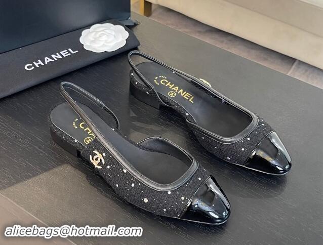 Best Product Chanel Tweed Sequins & Patent Calfskin Slingback Flats G46000 Black 1121143