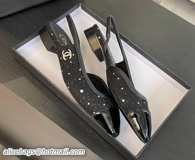 Best Product Chanel Tweed Sequins & Patent Calfskin Slingback Flats G46000 Black 1121143