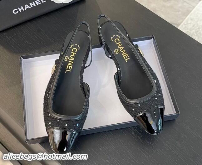 Best Product Chanel Tweed Sequins & Patent Calfskin Slingback Flats G46000 Black 1121143