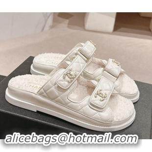 Good Quality Chanel Quilted Calfskin & Shearling Wool Flat Slides Sandal with Chain CC White 121144