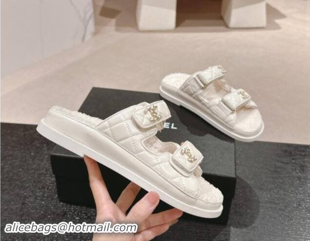 Good Quality Chanel Quilted Calfskin & Shearling Wool Flat Slides Sandal with Chain CC White 121144