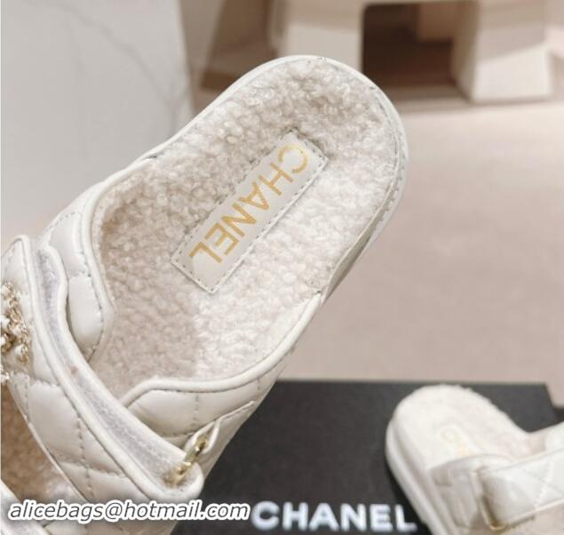 Good Quality Chanel Quilted Calfskin & Shearling Wool Flat Slides Sandal with Chain CC White 121144