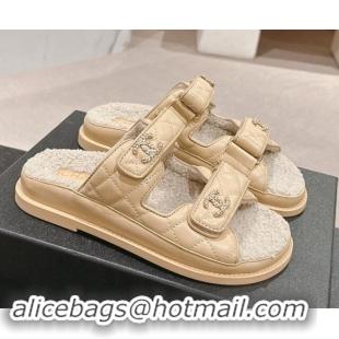 Pretty Style Chanel Quilted Calfskin & Shearling Wool Flat Slides Sandal with Chain CC Light Beige 121145