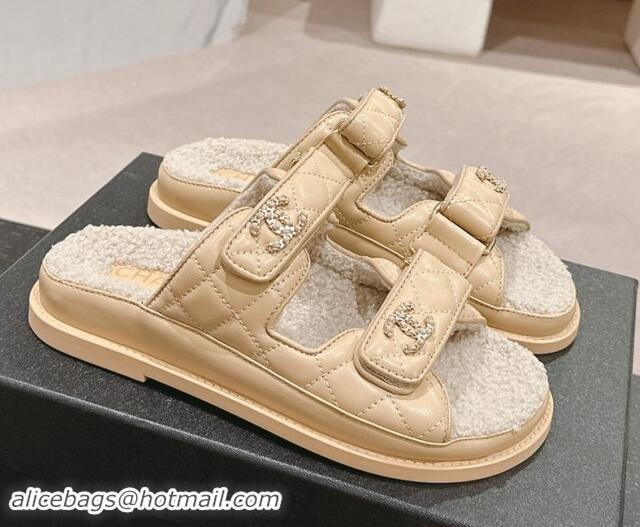 Pretty Style Chanel Quilted Calfskin & Shearling Wool Flat Slides Sandal with Chain CC Light Beige 121145