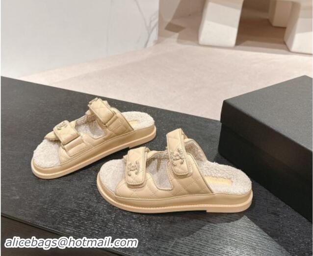 Pretty Style Chanel Quilted Calfskin & Shearling Wool Flat Slides Sandal with Chain CC Light Beige 121145